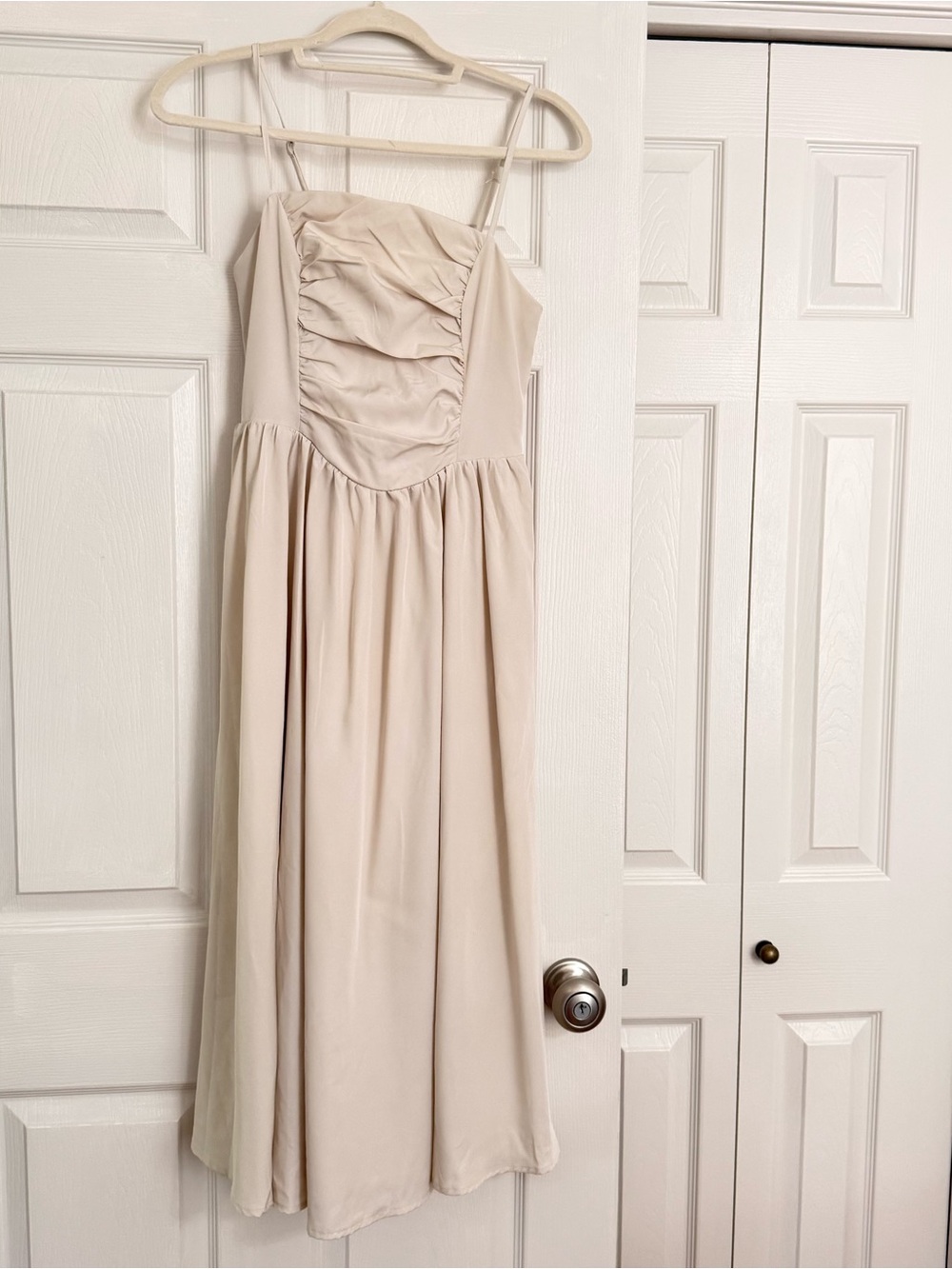 SHEIN Cream Ruched Bust Spaghetti Strap Midi Dress